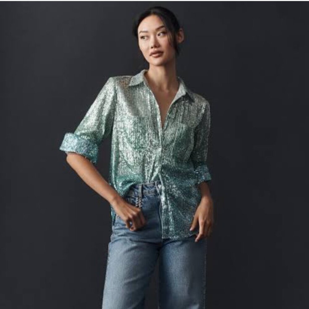 Anthropologie Ombre Sequin Green Buttondown Shirt‎ Size M NEW WITH TAG